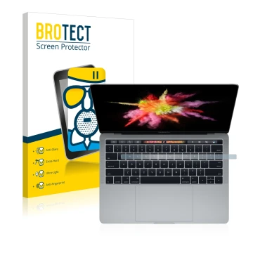 Front side of a product packaging with the brand logo BROTECT. Next to it is the device Apple MacBook Pro 13