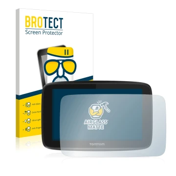 Front side of a product packaging with the brand logo BROTECT. Next to it is the device TomTom GO 5200 shown with the correspo