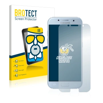 Front side of a product packaging with the brand logo BROTECT. Next to it is the device Samsung Galaxy A5 2017 shown with the 