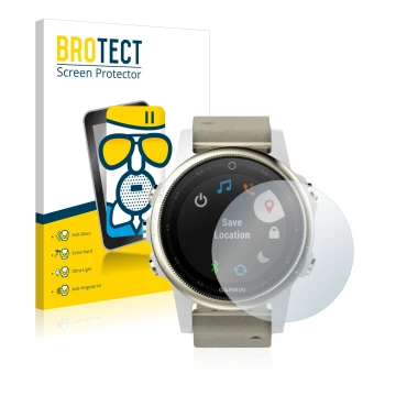 Front side of a product packaging with the brand logo BROTECT. Next to it is the device Garmin Fenix 5S (42 mm) shown with the