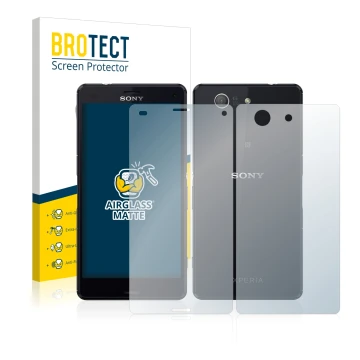Front side of a product packaging with the brand logo BROTECT. Next to it is the device Sony Xperia Z3 Compact D5803 (Front+Ba