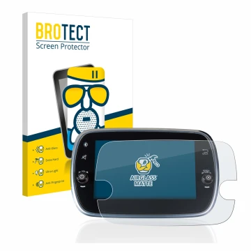 Front side of a product packaging with the brand logo BROTECT. Next to it is the device Fiat 500 Abarth Uconnet 7