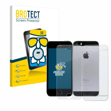 Front side of a product packaging with the brand logo BROTECT. Next to it is the device Apple iPhone SE 2016 (Front+Back) show