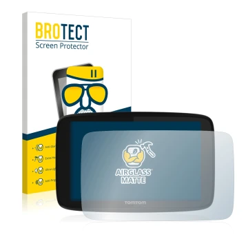 Front side of a product packaging with the brand logo BROTECT. Next to it is the device TomTom GO 520 shown with the correspon