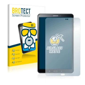 Front side of a product packaging with the brand logo BROTECT. Next to it is the device Samsung Galaxy Tab A 10.1 2016 shown w