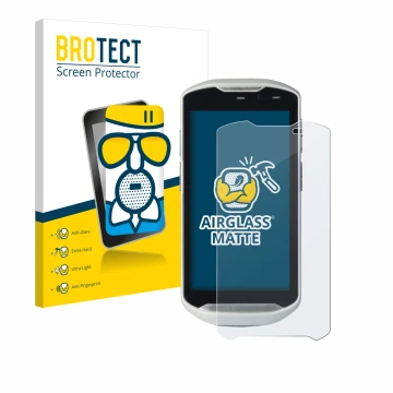 Front side of a product packaging with the brand logo BROTECT. Next to it is the device Zebra TC51 shown with the correspondin