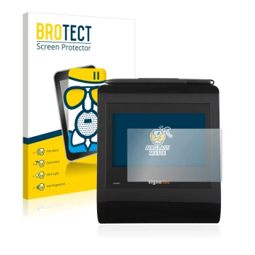 Front side of a product packaging with the brand logo BROTECT. Next to it is the device Signotec Signature Pad Gamma shown wit