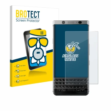 Front side of a product packaging with the brand logo BROTECT. Next to it is the device BlackBerry Keyone shown with the corre