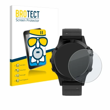 Front side of a product packaging with the brand logo BROTECT. Next to it is the device Garmin Fenix 5 (47 mm) shown with the 