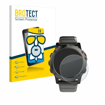 Front side of a product packaging with the brand logo BROTECT. Next to it is the device Garmin Fenix 5X (51 mm) shown with the