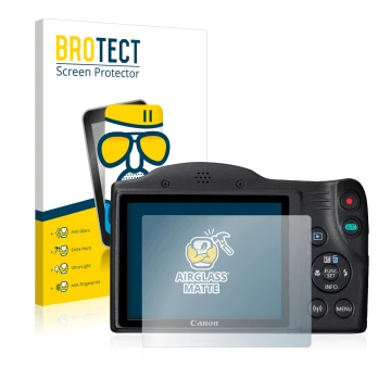 Front side of a product packaging with the brand logo BROTECT. Next to it is the device Canon PowerShot SX430 IS shown with th