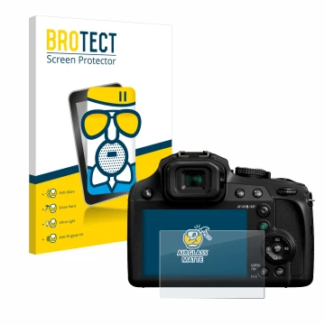 Front side of a product packaging with the brand logo BROTECT. Next to it is the device Panasonic Lumix DC-FZ82 shown with the