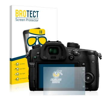 Front side of a product packaging with the brand logo BROTECT. Next to it is the device Panasonic Lumix DC-GH5 shown with the 