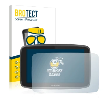 Front side of a product packaging with the brand logo BROTECT. Next to it is the device TomTom Go 6200 shown with the correspo
