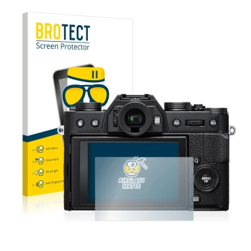 Front side of a product packaging with the brand logo BROTECT. Next to it is the device Fujifilm X-T20 shown with the correspo