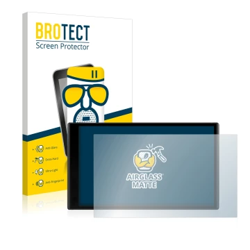 Front side of a product packaging with the brand logo BROTECT. Next to it is the device Garmin DriveSmart 61 LMT-D shown with 