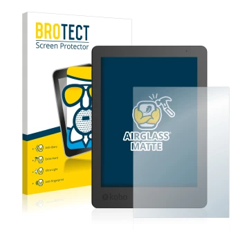 Front side of a product packaging with the brand logo BROTECT. Next to it is the device Kobo Aura Edition 2 shown with the cor