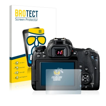 Front side of a product packaging with the brand logo BROTECT. Next to it is the device Canon EOS 77D shown with the correspon
