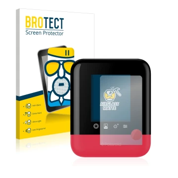 Front side of a product packaging with the brand logo BROTECT. Next to it is the device Polaroid Pop shown with the correspond