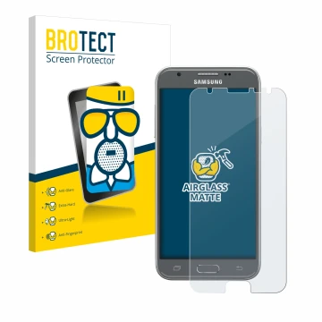 Front side of a product packaging with the brand logo BROTECT. Next to it is the device Samsung Galaxy J3 2017 shown with the 