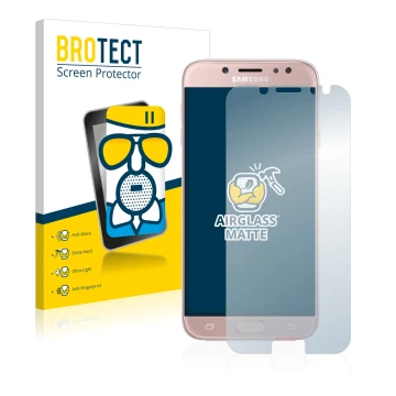 Front side of a product packaging with the brand logo BROTECT. Next to it is the device Samsung Galaxy J7 2017 shown with the 