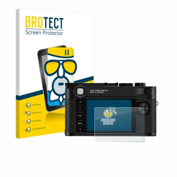Front side of a product packaging with the brand logo BROTECT. Next to it is the device Leica M10 shown with the corresponding