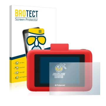 Front side of a product packaging with the brand logo BROTECT. Next to it is the device Polaroid Snap Touch shown with the cor