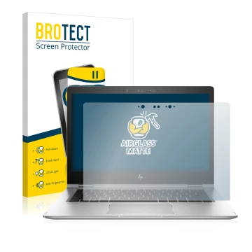 Front side of a product packaging with the brand logo BROTECT. Next to it is the device HP EliteBook x360 1030 G2 shown with t