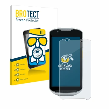 Front side of a product packaging with the brand logo BROTECT. Next to it is the device Zebra TC56 shown with the correspondin