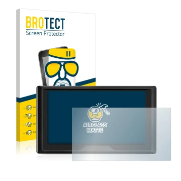 Front side of a product packaging with the brand logo BROTECT. Next to it is the device Garmin Drive 61 LMT-S shown with the c
