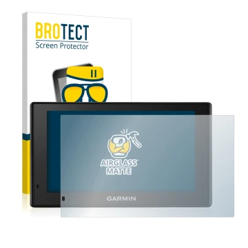 Front side of a product packaging with the brand logo BROTECT. Next to it is the device Garmin DriveSmart 51 LMT-D shown with 