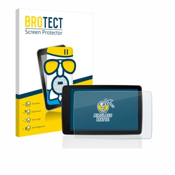 Front side of a product packaging with the brand logo BROTECT. Next to it is the device BMW Motorrad Navigator VI shown with t