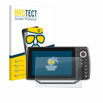 Front side of a product packaging with the brand logo BROTECT. Next to it is the device Humminbird Helix 7 shown with the corr