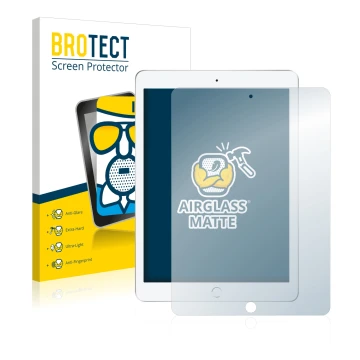 Front side of a product packaging with the brand logo BROTECT. Next to it is the device Apple iPad 9.7 2017 (5th. Gen.) shown 