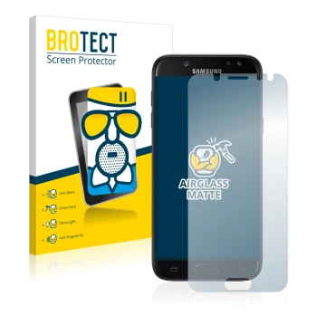Front side of a product packaging with the brand logo BROTECT. Next to it is the device Samsung Galaxy J5 2017 shown with the 