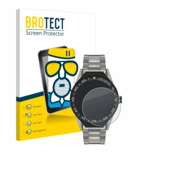 Front side of a product packaging with the brand logo BROTECT. Next to it is the device TAG Heuer Connected Modular 45 shown w