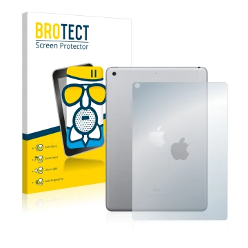 Front side of a product packaging with the brand logo BROTECT. Next to it is the device Apple iPad 9.7