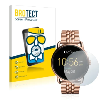 Front side of a product packaging with the brand logo BROTECT. Next to it is the device Fossil Q Wander shown with the corresp