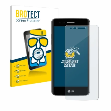 Front side of a product packaging with the brand logo BROTECT. Next to it is the device LG K8 2017 shown with the correspondin