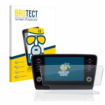 Front side of a product packaging with the brand logo BROTECT. Next to it is the device Skoda Octavia 2017 Infotainment System