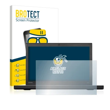 Front side of a product packaging with the brand logo BROTECT. Next to it is the device Lenovo ThinkPad X270 shown with the co