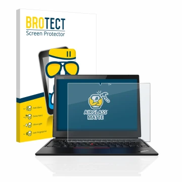 Front side of a product packaging with the brand logo BROTECT. Next to it is the device Lenovo ThinkPad X1 Yoga (1st Gen.) sho
