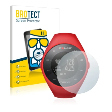 Front side of a product packaging with the brand logo BROTECT. Next to it is the device Polar M200 shown with the correspondin