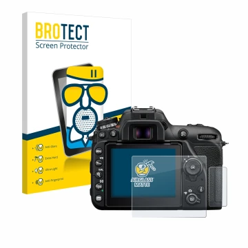 Front side of a product packaging with the brand logo BROTECT. Next to it is the device Nikon D7500 shown with the correspondi