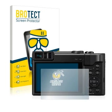 Front side of a product packaging with the brand logo BROTECT. Next to it is the device Panasonic Lumix DC-TZ91 shown with the