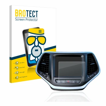 Front side of a product packaging with the brand logo BROTECT. Next to it is the device Jeep Cherokee Uconnect 8.4