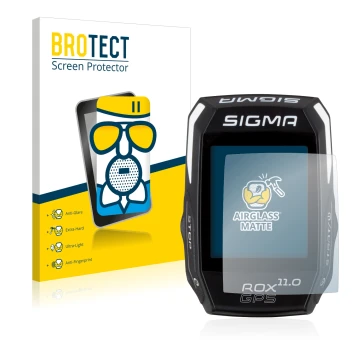Front side of a product packaging with the brand logo BROTECT. Next to it is the device Sigma ROX GPS 11.0 shown with the corr