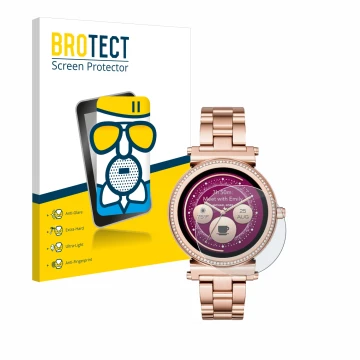 Front side of a product packaging with the brand logo BROTECT. Next to it is the device Michael Kors Access Sofie shown with t