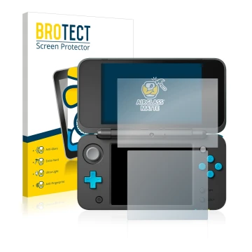 Front side of a product packaging with the brand logo BROTECT. Next to it is the device Nintendo 2DS XL shown with the corresp