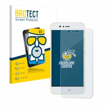Front side of a product packaging with the brand logo BROTECT. Next to it is the device Huawei Nova 2 shown with the correspon
